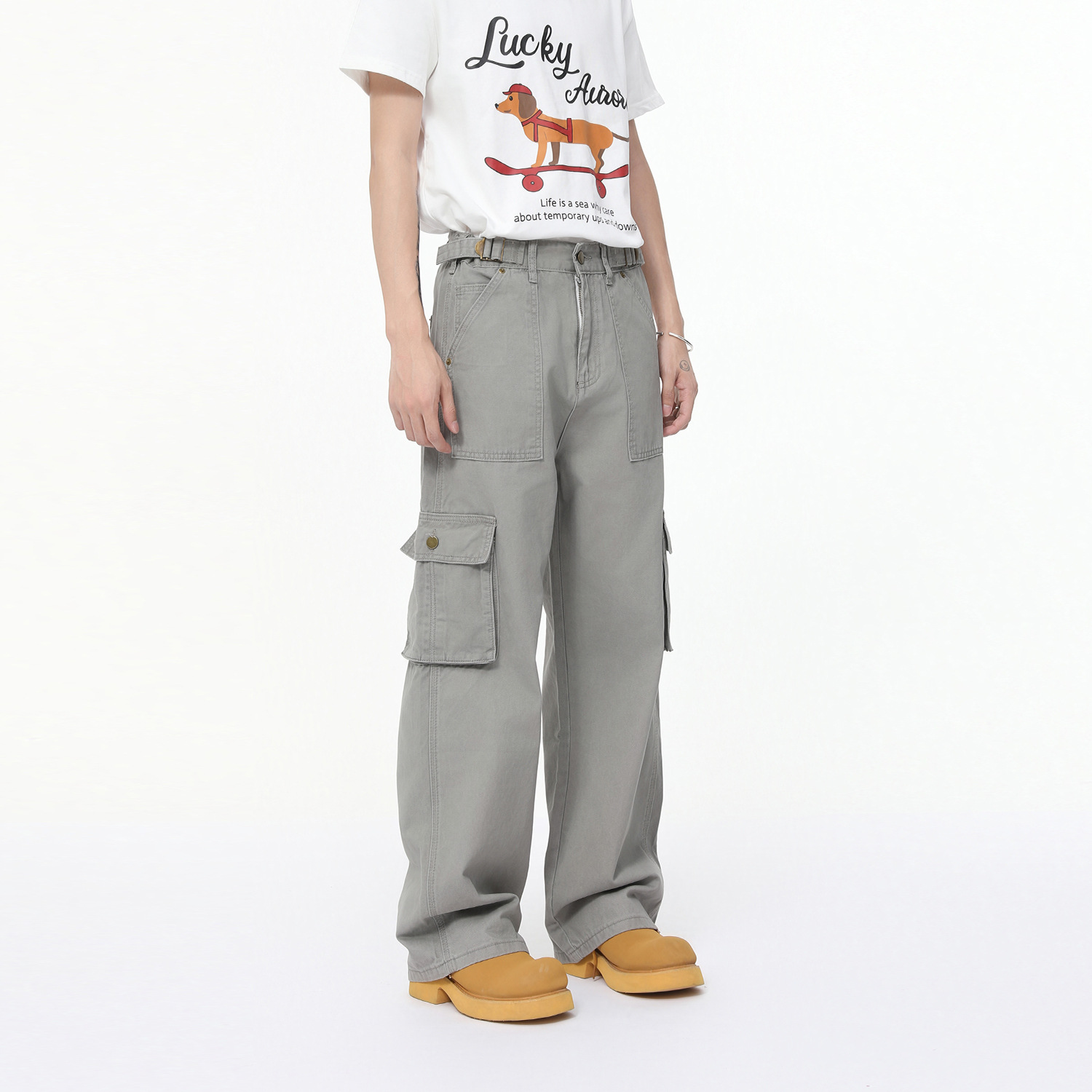 ULTIMATE GOAL 25AW 复古纯棉可调节腰带多口袋水洗百搭牛仔长裤