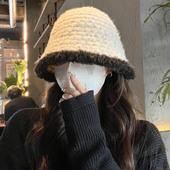 毛绒水桶帽子女秋天2023新款 保暖渔夫帽 显脸小针织盆帽小香风冬季