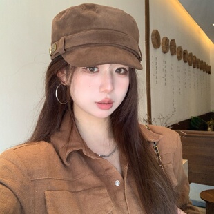 高级感麂皮绒海军帽子女秋冬天复古时尚平顶帽鸭舌报童八角帽情侣