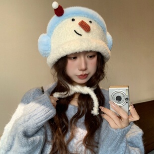 可爱雪人毛绒耳罩针织雷锋帽女冬季保暖防寒显脸小护耳骑车套头帽