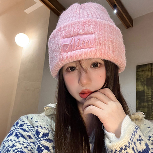 大头围高品质含羊毛线帽女秋冬显脸小字母针织帽粉色保暖帽子冷帽