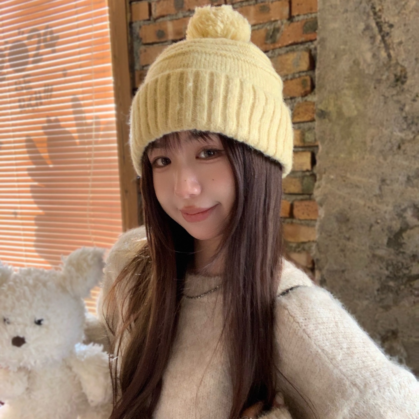 黄色毛球针织帽子女秋冬季韩系