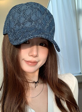 韩版百搭复古格纹牛仔棒球帽女四季通用百搭显脸小鸭舌帽蓝色帽子