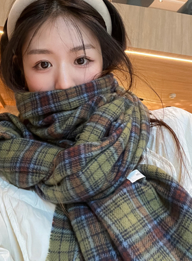 韩流风复古绿色格子纹流苏围巾女冬季百搭保暖加厚披肩围脖个性男