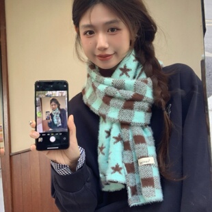 韩版薄荷绿格子星星双面戴围巾女冬季仿貂毛绒长方形保暖软糯围脖