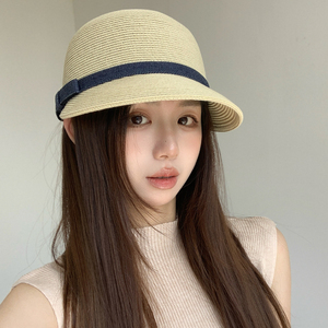 复古又俏皮蝴蝶结细草圆顶草帽女夏季防晒遮阳帽优雅百搭马术帽