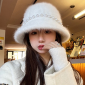 气质优雅兔毛渔夫帽女秋冬珍珠蝴蝶结甜美可爱毛绒绒保暖防寒盆帽