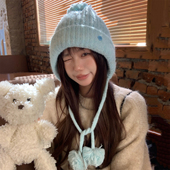 蓝色毛球针织护耳帽女秋冬韩版 百搭显脸小毛线帽加厚保暖包头帽子