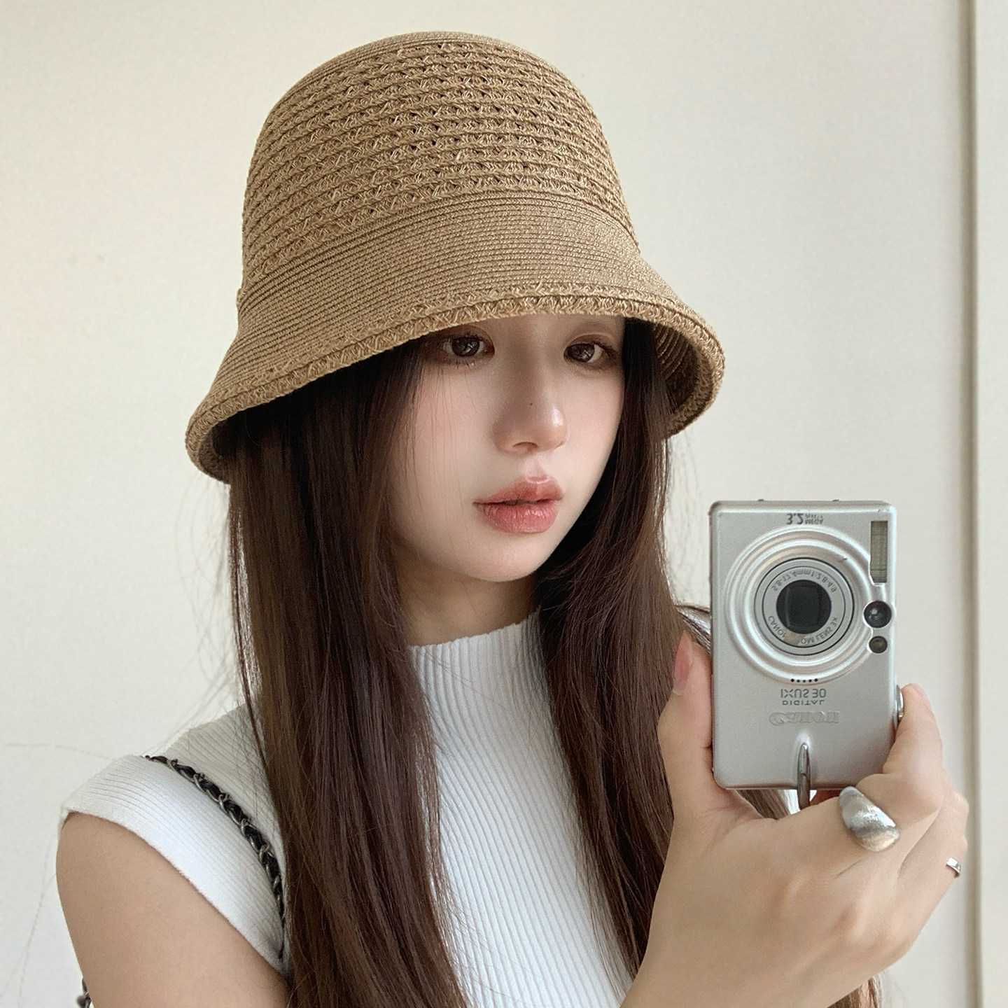 简约纯色草编渔夫帽女圆顶显气质海边沙滩户外遮阳防晒帽拍照出片