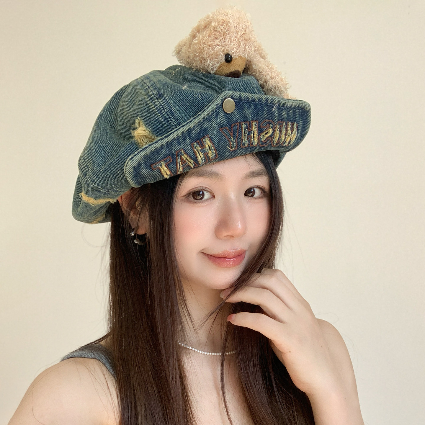 韩版古早味牛仔做旧破洞报童帽趴趴小熊装饰翻檐贝雷帽女春八角帽