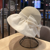 春夏欧根纱大蝴蝶结草帽遮阳帽女可折叠蝴蝶结优雅出游度假渔夫帽