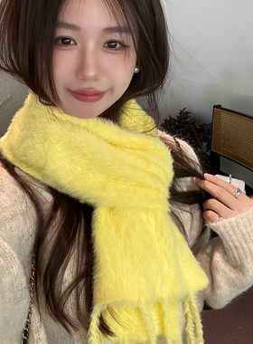 黄色毛绒围巾女秋冬亲肤高级感保暖护颈韩系白色氛围感针织围脖冬