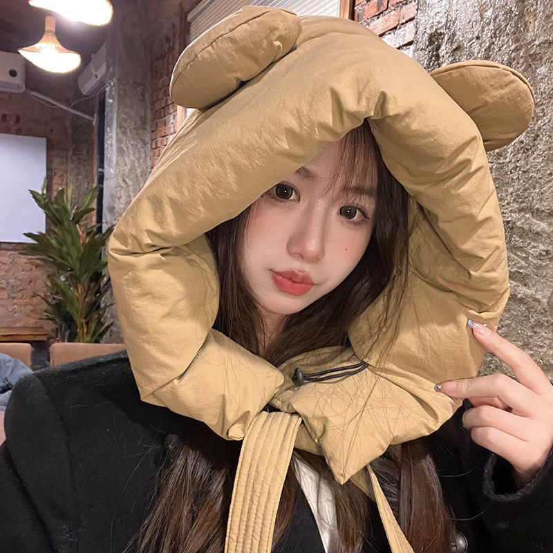 可爱米奇大耳朵羽绒棉帽子女轻盈保暖护耳绑带骑行包头雷锋帽冬季