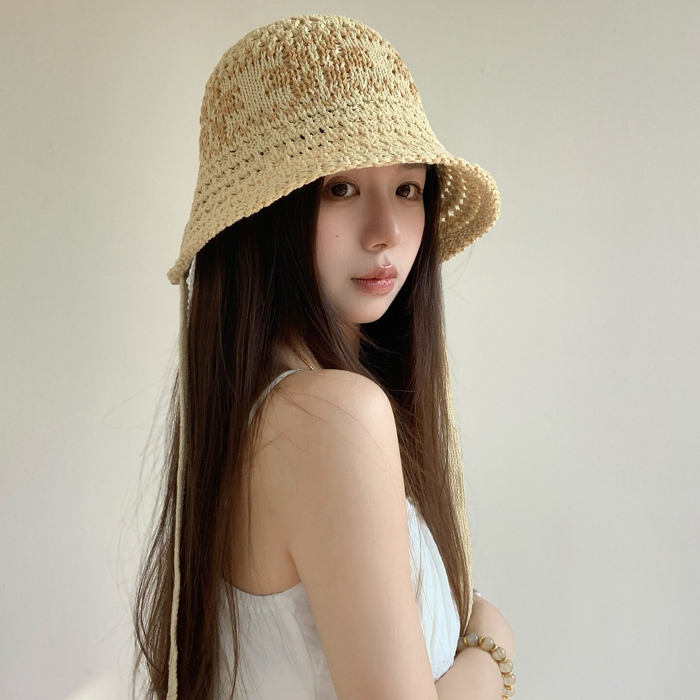 出口日单手工编织镂空渔夫帽女夏季薄款绑带百搭透气遮阳帽大头围