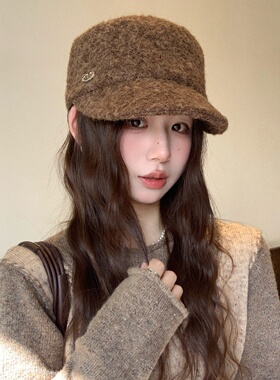 精致时髦~韩国毛绒平顶宽檐马术帽女冬百搭显脸小骑士鸭舌报童帽