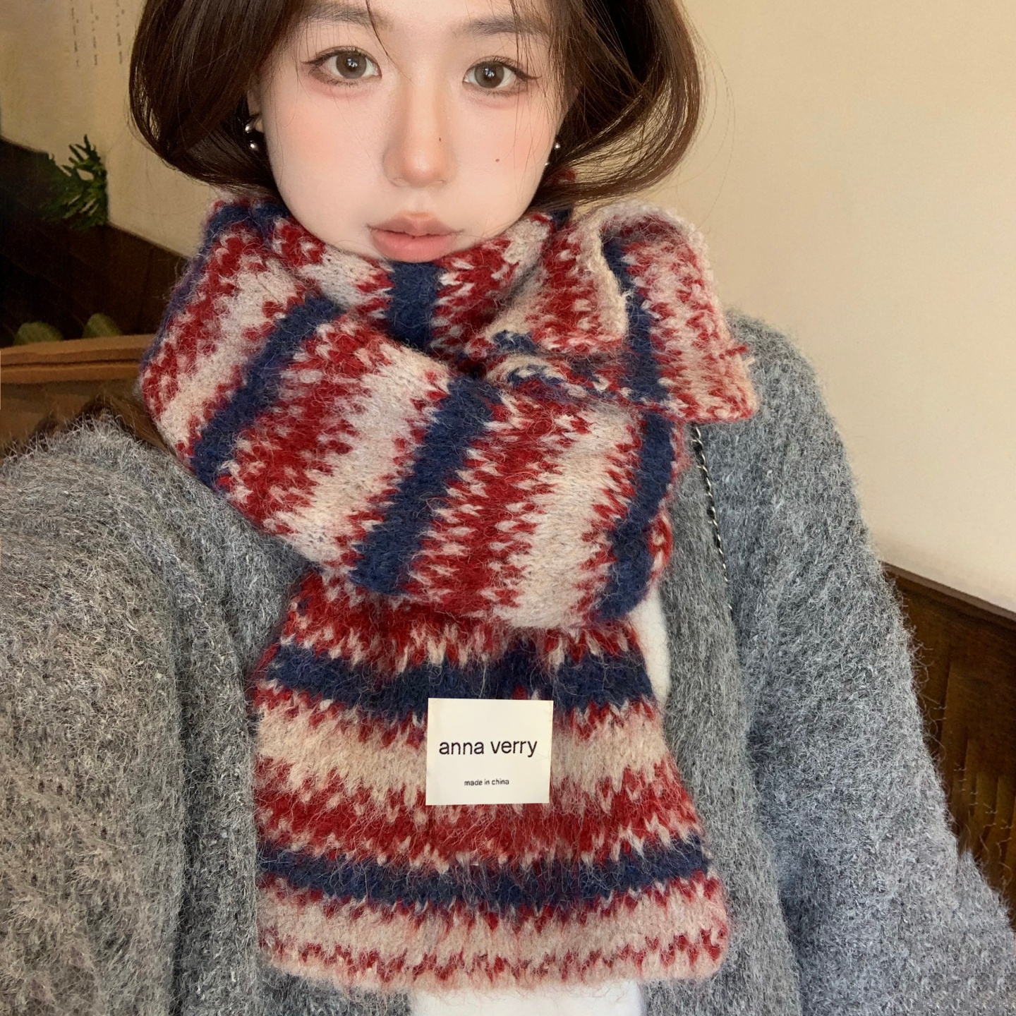 韩系针织围巾加绒软糯条纹