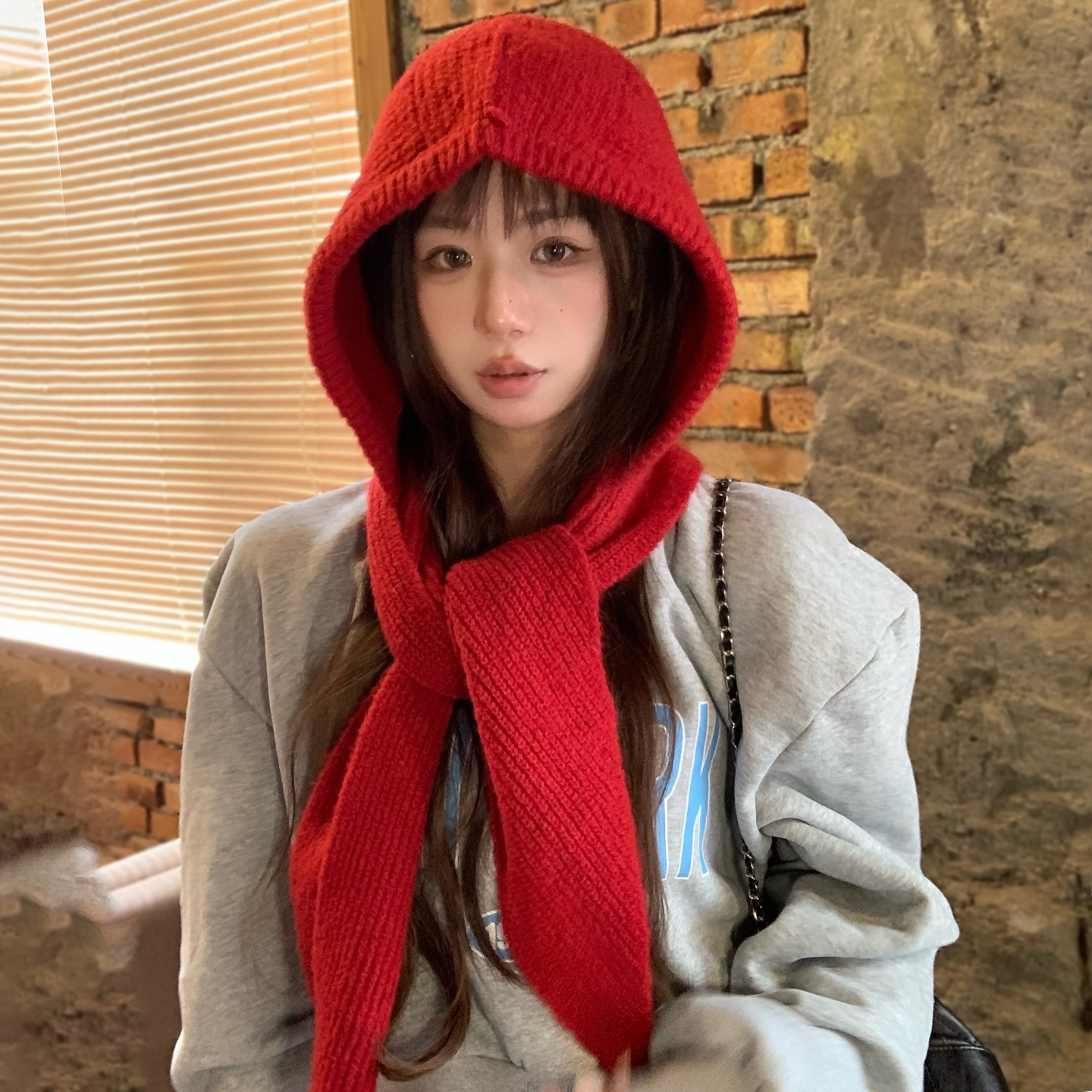 红色羊毛针织帽女秋冬加厚保暖护耳毛线帽子围巾一体巴拉克拉法帽