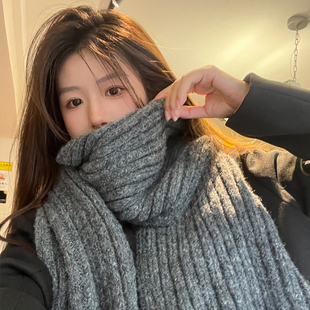 韩版 羊毛混纺针织纯色毛线灰色情侣围巾女秋冬加厚保暖休闲围脖男