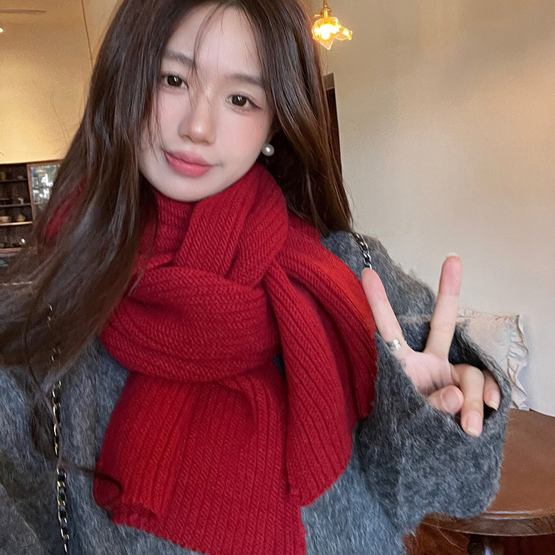 新年红色含羊毛围巾女冬季韩版百搭纯色保暖学生针织毛线情侣围脖