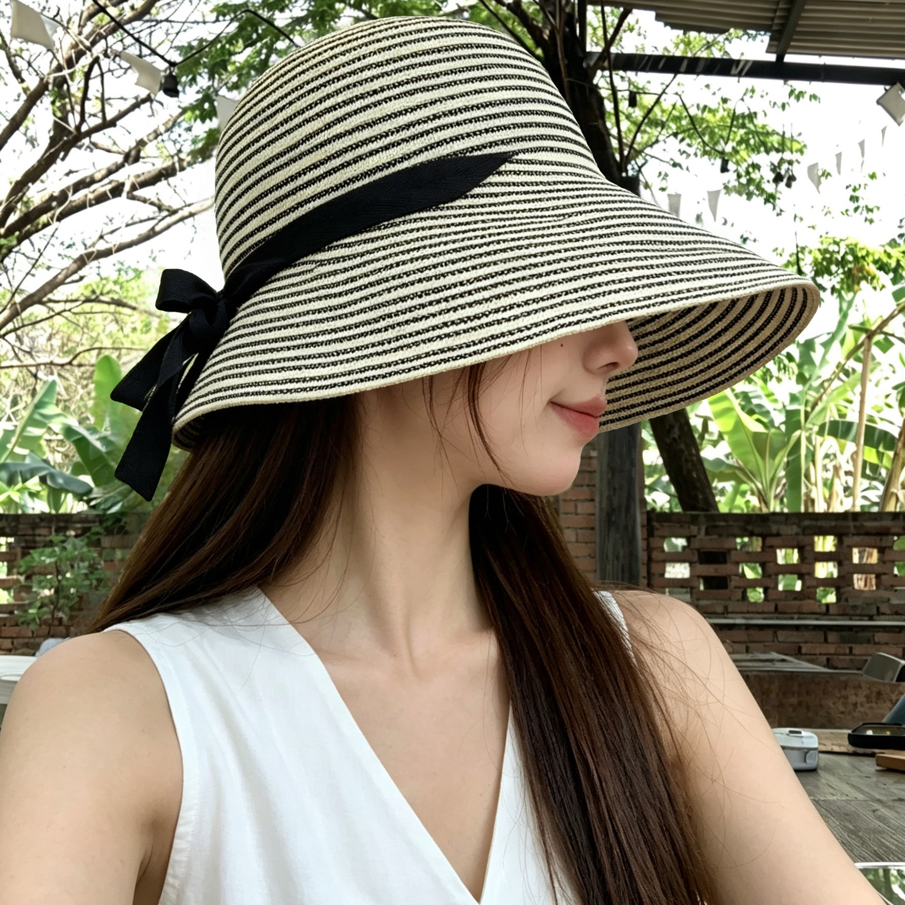 韩版大帽檐条纹绑带渔夫帽子女夏季可折叠显脸小太阳帽遮阳防晒帽