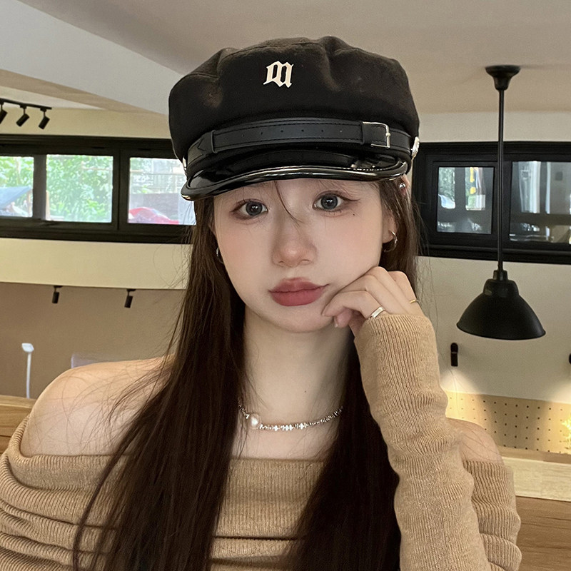 海军帽逛街海军风女秋短檐亮皮