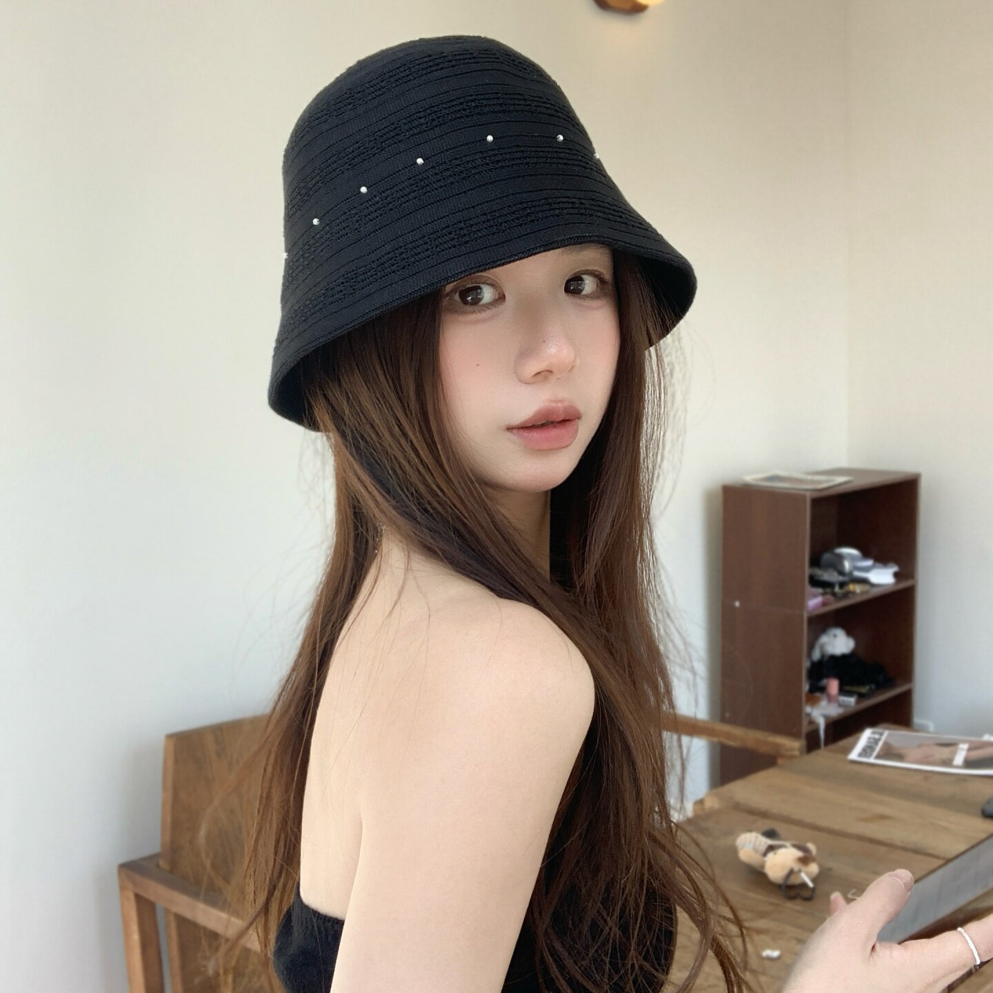 时尚镂空珍珠渔夫帽女夏季黑色显脸小防晒遮阳宽檐帽透气水桶帽潮