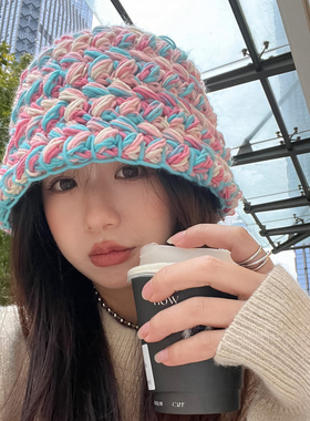 iu李智恩同款混色手工编织毛线帽子女秋冬韩版百搭彩色线针织帽潮