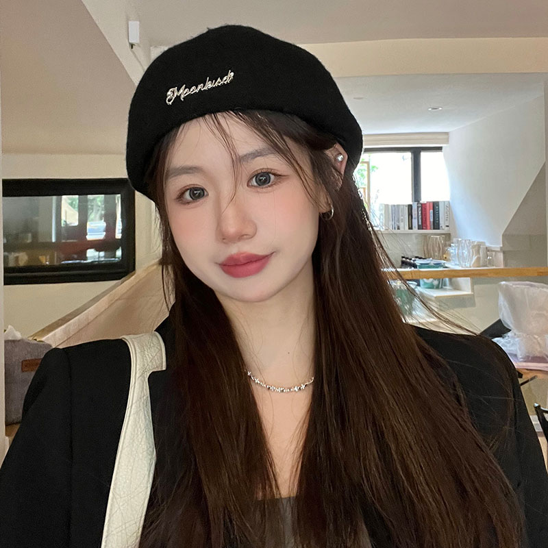 韩版秋冬新款反戴前进帽显脸小羊毛呢贝雷帽日系大头围黑色帽子潮