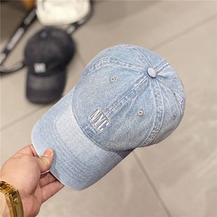 NYC刺绣棒球帽显脸小水洗做旧牛仔鸭舌帽街头帽子男女春夏秋韩版