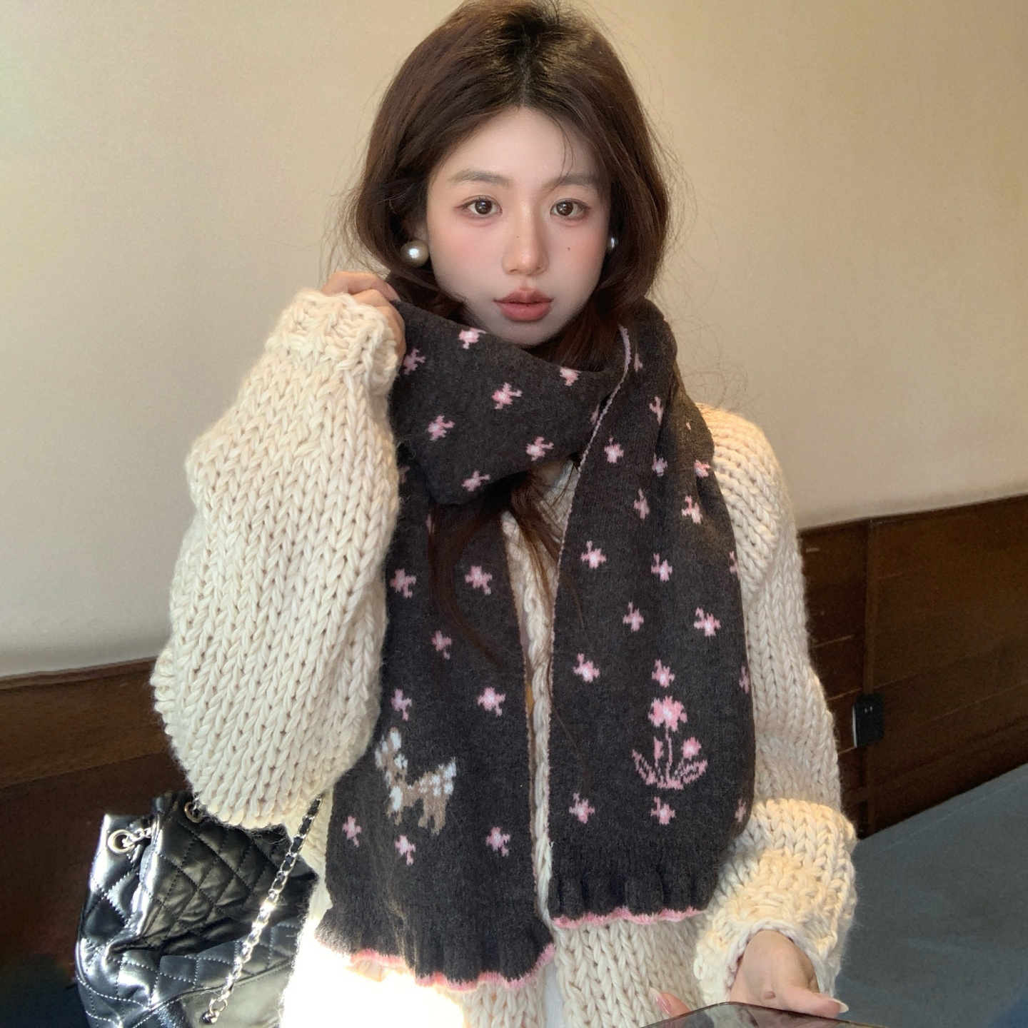 韩版可爱卡通小鹿碎花针织围巾