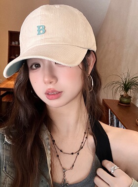 秋冬B字灯芯绒棒球帽男女街头时尚撞色鸭舌帽深顶宽檐显脸小帽子