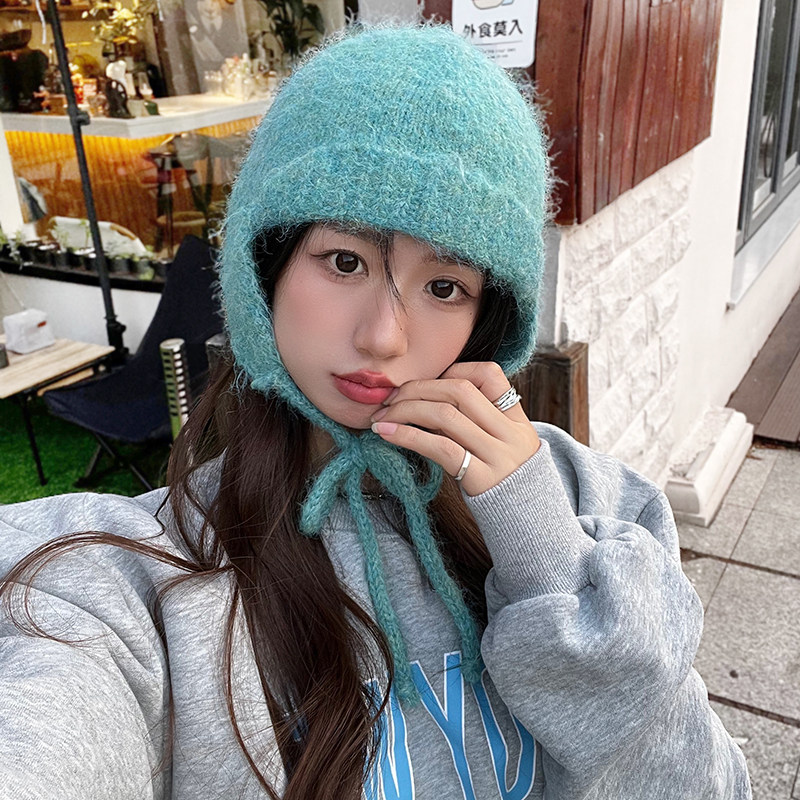 含羊毛护耳雷锋子女帽显脸小橄榄绿绑带毛线飞行帽保暖针织帽冬季