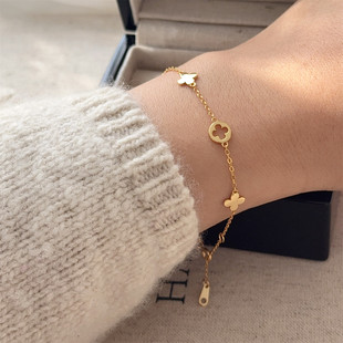 s925通体纯银镂空四叶花朵素光面手链简约百搭小众ins温柔高级女