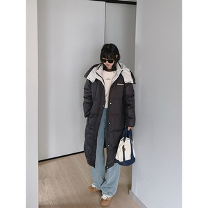 女童中长款过膝羽绒服 2024秋冬初中生宽松外套白鸭绒连帽外套