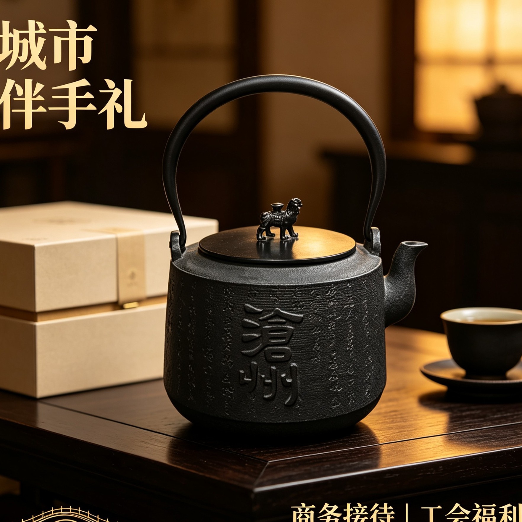 沧州铁狮子铸铁壶 家用煮茶壶大容量提梁壶 城市文创商务伴手礼