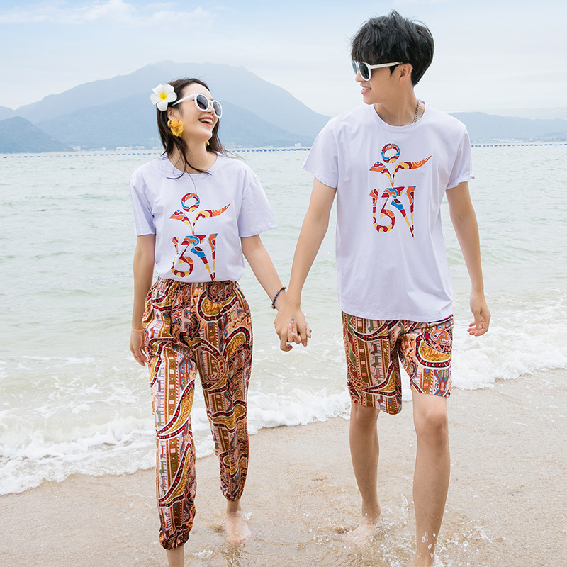 情侣装夏2023新款海南三亚旅游短袖男t恤海边女九分裤沙滩裤套装