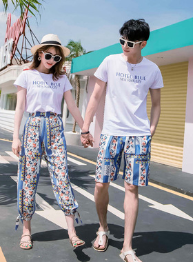 qlz沙滩情侣装夏季海边度假穿搭T恤套装女阔腿裤三亚旅游拍照衣服