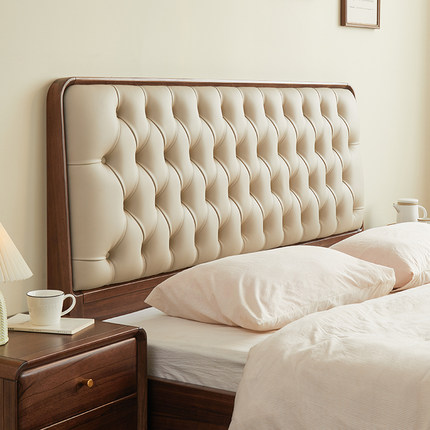 北欧极简黑胡桃木真皮实木床简约1.8米双人床意式轻奢婚床高背床