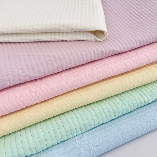 奶白紫粉黄绿蓝竖条纹绗缝夹棉布料 肌理感 春夏家居服面料