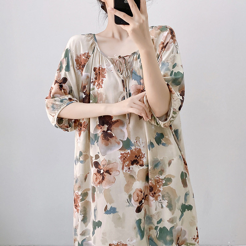 春秋季睡衣新中式碎花长袖棉绸睡裙女春夏季宽松中国风绵绸家居服