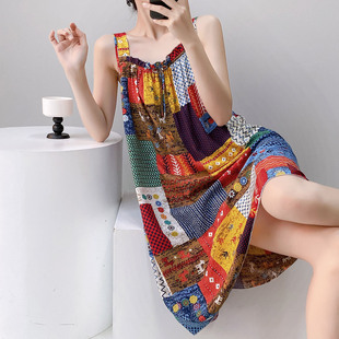 夏季吊带睡裙女夏款棉绸睡衣中长款高中大学生背心裙人造棉裙子