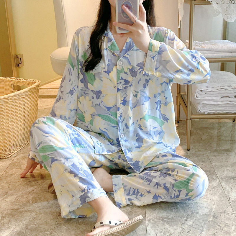 夏季新款棉绸睡衣女夏天春秋薄款长袖套装网红大码人造绵绸家居服