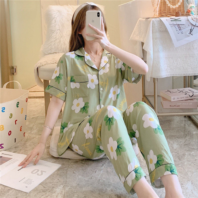 时尚可外穿棉绸睡衣女新款卡通印花开衫短袖两件套春秋女士家居服