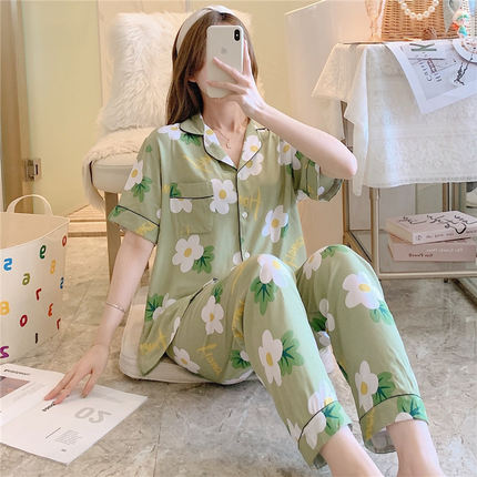 时尚可外穿棉绸睡衣女新款卡通印花开衫短袖两件套春秋女士家居服