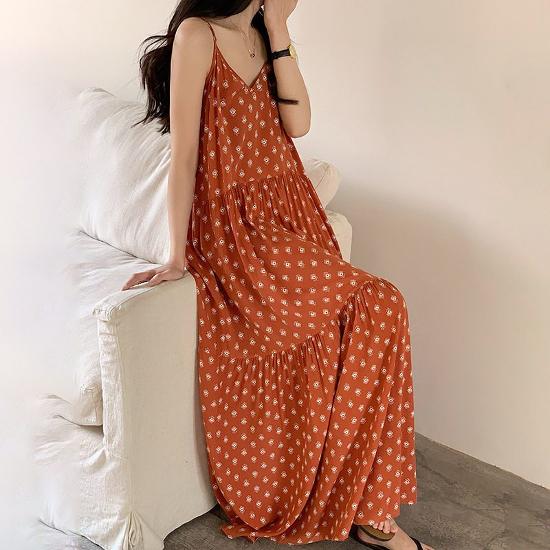 吊带睡裙女夏学生棉绸睡衣夏季家居服波西米亚风超长绵绸裙可外穿