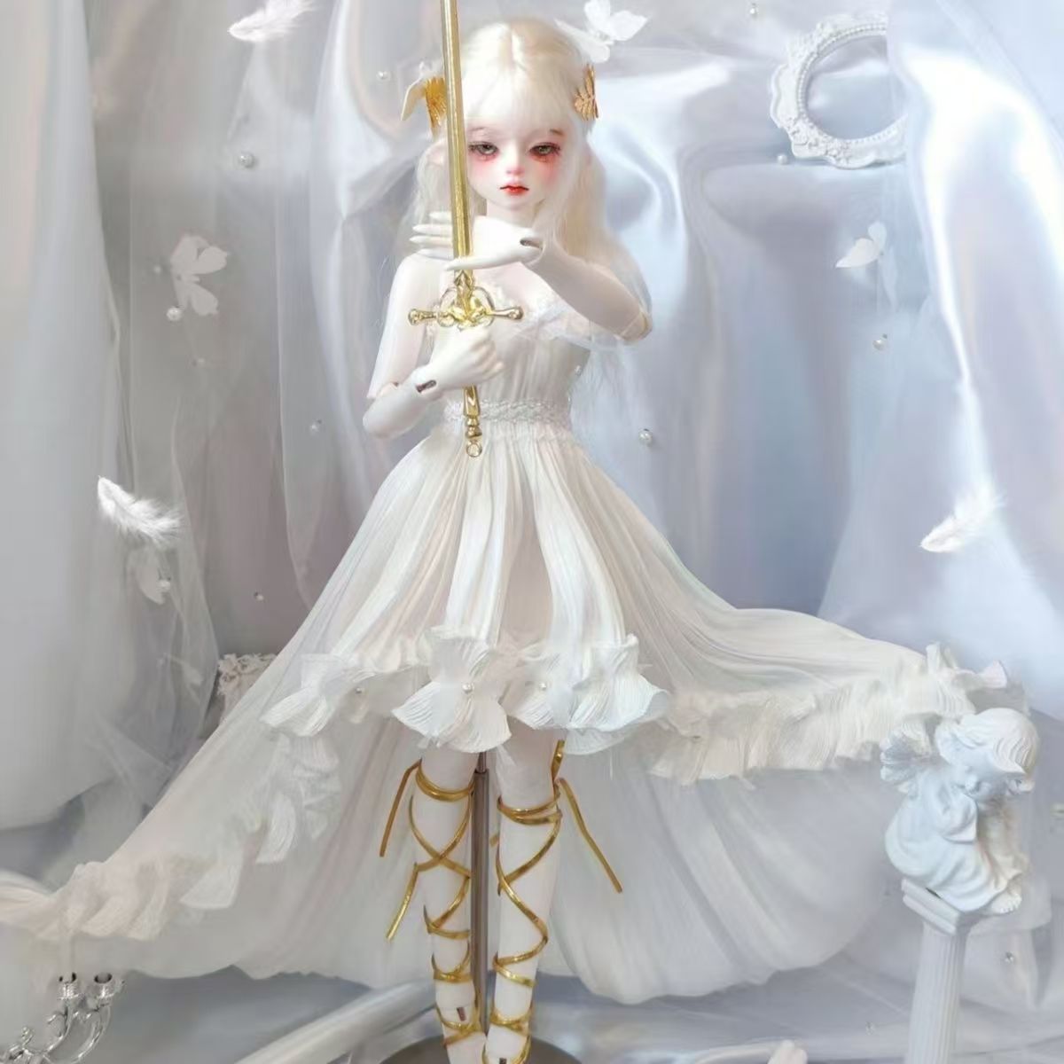 四野 bjd6分四分三分叔体白色亮光琉璃长拖尾裙四分普体熊妹娃衣
