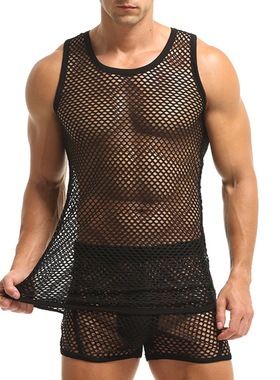 镂空背心圆领男上衣渔网背心透气宽松休闲短袖透气欧美风大码罩衫