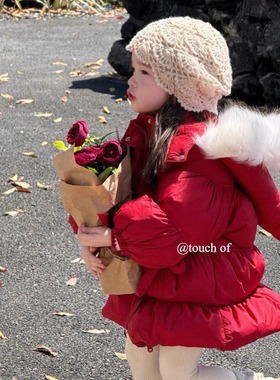 【正品现货】TF女童羽绒服90绒2025冬装新款儿童中长款精灵帽红色