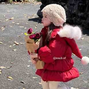 【正品现货】TF女童羽绒服90绒2025冬装新款儿童中长款精灵帽红色