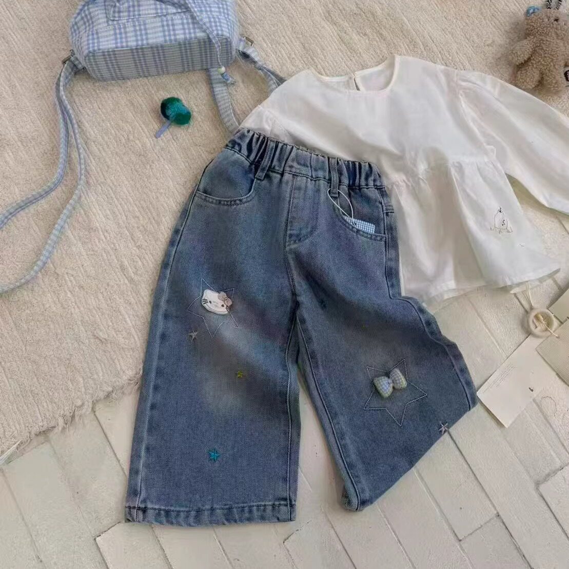 【正品现货】YOLO女童刺绣牛仔裤2026夏新款宝宝洋气韩版直筒裤